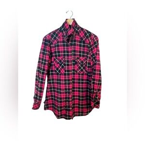 Matchstick women’s pink and black Plaid Casual Button Down Shirt size LARGE